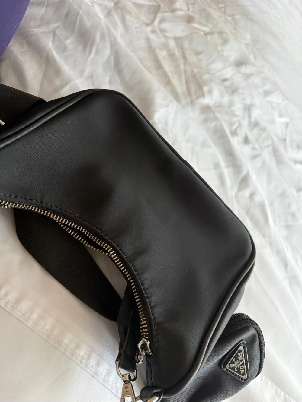 Black Nylon Shoulder Bag with Removable Strap and Pouch